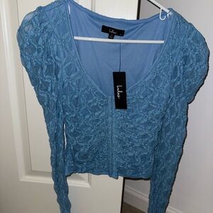 Lulu's Teal Lace Long Sleeve Blouse
